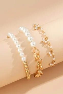 Fashion Dear-Lover 3pcs Pearl Plated Alloy Beaded Bracelet Set Gold