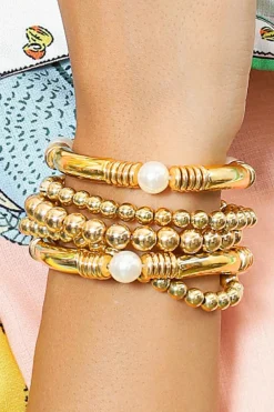 New Dear-Lover 5pcs Pearl Plated Beaded Bracelet Set Gold