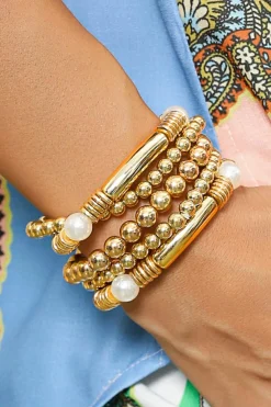 New Dear-Lover 5pcs Pearl Plated Beaded Bracelet Set Gold