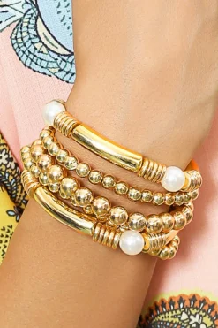 New Dear-Lover 5pcs Pearl Plated Beaded Bracelet Set Gold