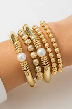New Dear-Lover 5pcs Pearl Plated Beaded Bracelet Set Gold