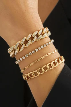 Best Dear-Lover 4pcs Rhinestone Decor Adjustable Chain Plated Bracelet Set Gold