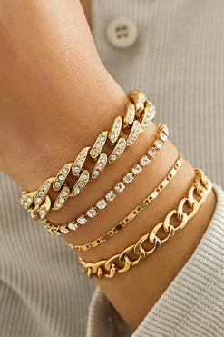 Best Dear-Lover 4pcs Rhinestone Decor Adjustable Chain Plated Bracelet Set Gold