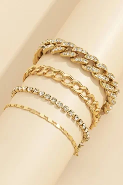 Best Dear-Lover 4pcs Rhinestone Decor Adjustable Chain Plated Bracelet Set Gold