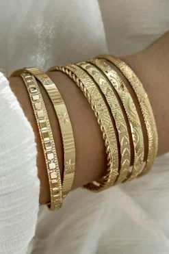 Online Dear-Lover 7pcs/set Textured Plated Open Alloy Bangle Set Gold