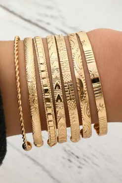 Online Dear-Lover 7pcs/set Textured Plated Open Alloy Bangle Set Gold