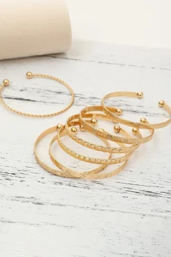 Online Dear-Lover 7pcs/set Textured Plated Open Alloy Bangle Set Gold
