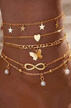 Clearance Dear-Lover Pearl Butterfly Multi-layer Pendant Anklet Gold