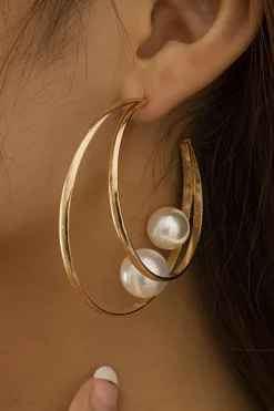 New Dear-Lover Pearl Decor Dual Hook Stud Earrings Gold