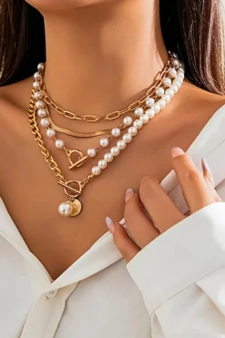 Outlet Dear-Lover Pearl Decor Plated Adjustable Chain Layered Necklace Gold