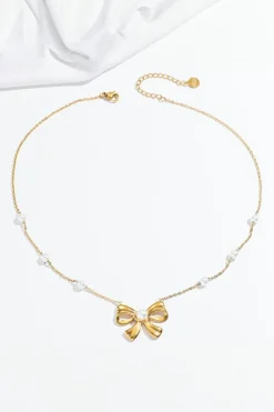 Sale Dear-Lover Pearl Decor Plated Bow Knot Pendant Necklace Gold