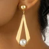 New Dear-Lover Pearl Decor Plated Dangle Stud Earrings Gold
