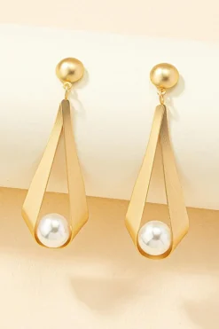 New Dear-Lover Pearl Decor Plated Dangle Stud Earrings Gold