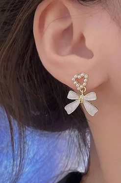 Best Dear-Lover Pearled Heart Shape Bow Knot Dangle Earrings Gold