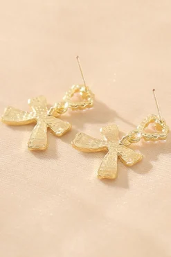 Best Dear-Lover Pearled Heart Shape Bow Knot Dangle Earrings Gold