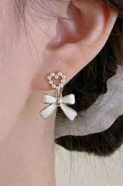 Best Dear-Lover Pearled Heart Shape Bow Knot Dangle Earrings Gold