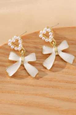 Best Dear-Lover Pearled Heart Shape Bow Knot Dangle Earrings Gold
