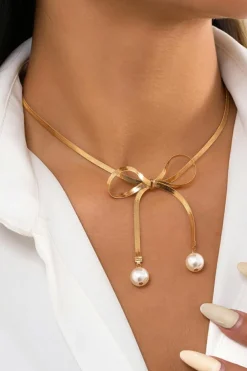 Online Dear-Lover Pearly Bow Plated Collarbone Necklace Gold