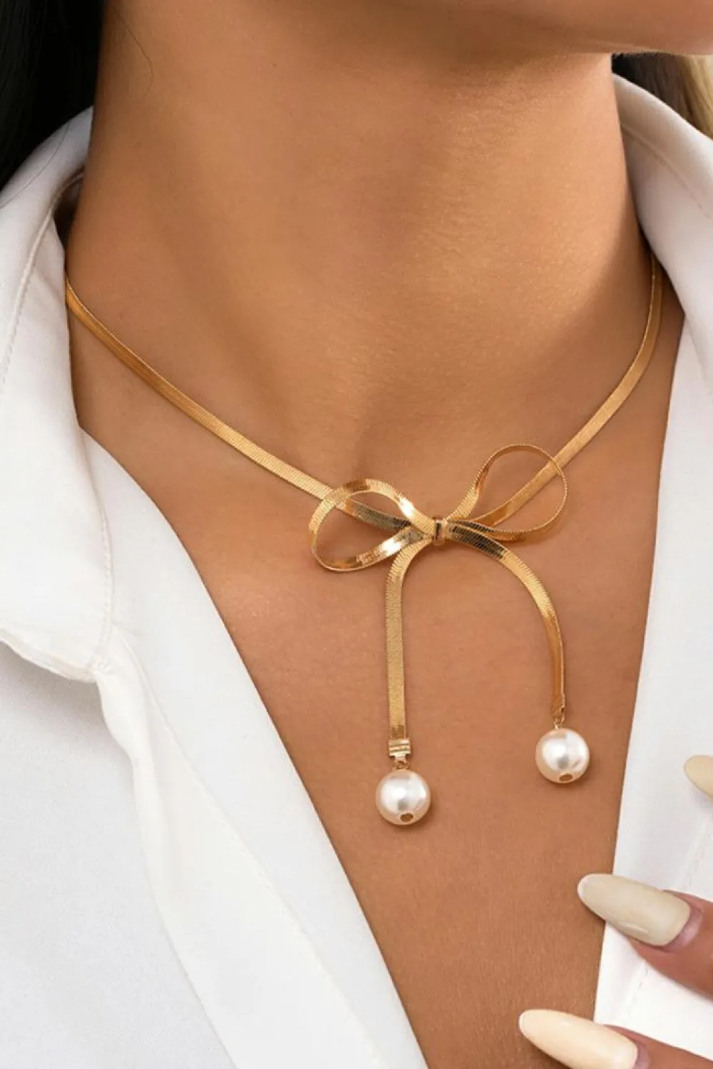 Online Dear-Lover Pearly Bow Plated Collarbone Necklace Gold