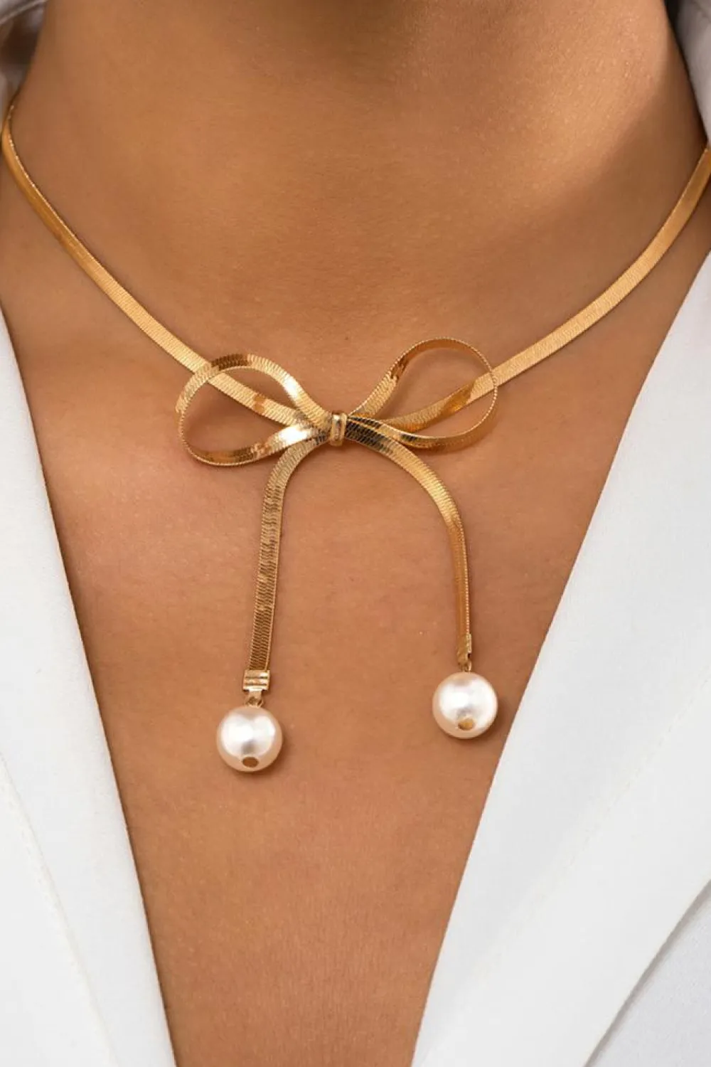 Online Dear-Lover Pearly Bow Plated Collarbone Necklace Gold