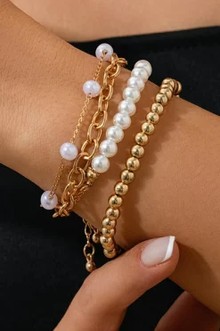 New Dear-Lover Plated Chain Beaded 4 Pcs Bracelet Set Gold