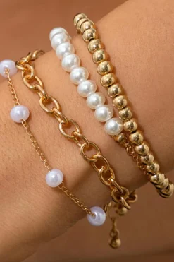 New Dear-Lover Plated Chain Beaded 4 Pcs Bracelet Set Gold