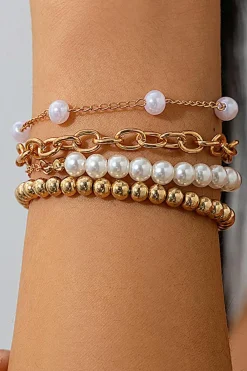 New Dear-Lover Plated Chain Beaded 4 Pcs Bracelet Set Gold
