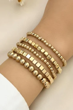 Discount Dear-Lover Plated Cube Beaded 5 Pcs Bracelet Set Gold