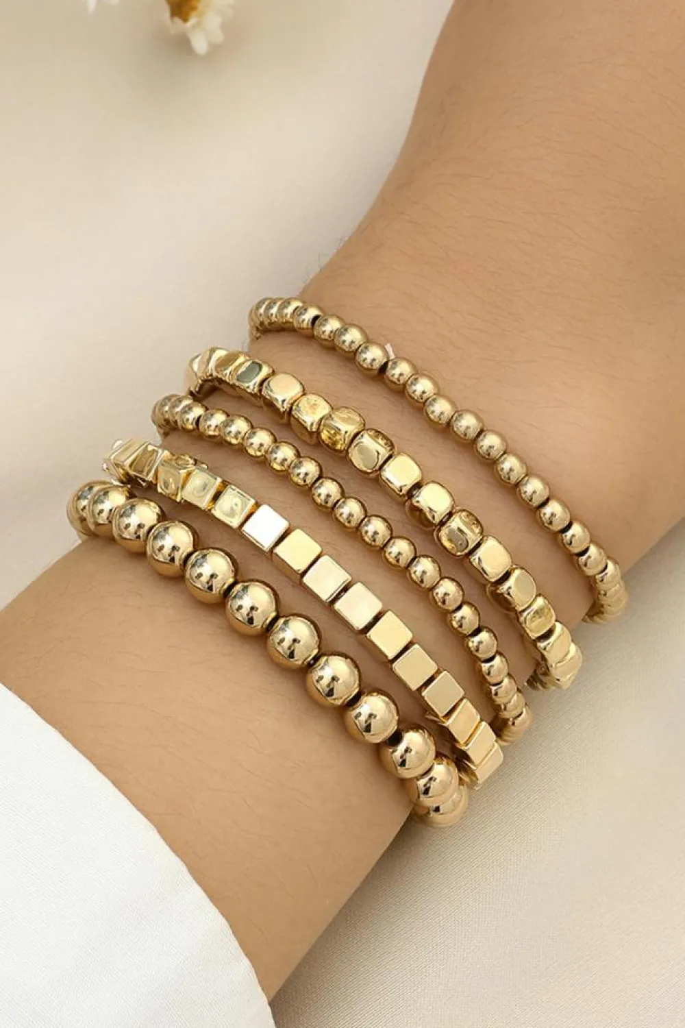 Discount Dear-Lover Plated Cube Beaded 5 Pcs Bracelet Set Gold