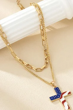 Sale Dear-Lover Plated Double Chain Stars and Stripes Cross Pendent Necklace Gold