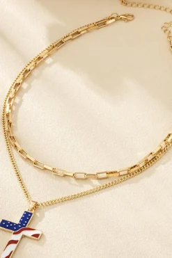 Sale Dear-Lover Plated Double Chain Stars and Stripes Cross Pendent Necklace Gold