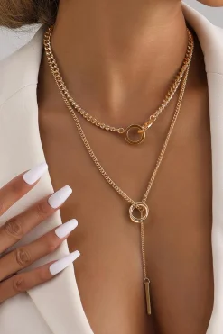 Online Dear-Lover Plated Double Layer O-Ring Long Stick Pendant Chain Necklace Gold