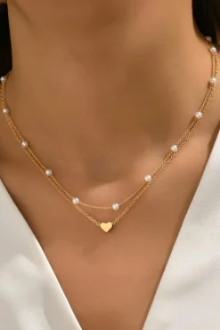Outlet Dear-Lover Plated Heart and Pearl Detail 2pcs Layered Necklace Gold