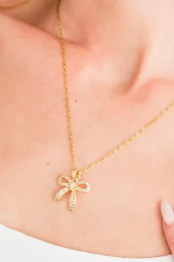 New Dear-Lover Plated Rhinestone Bowknot Pendant Necklace Gold