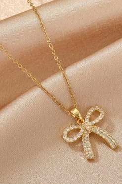 New Dear-Lover Plated Rhinestone Bowknot Pendant Necklace Gold