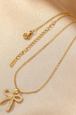New Dear-Lover Plated Rhinestone Bowknot Pendant Necklace Gold