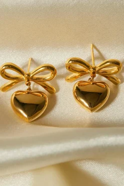 Outlet Dear-Lover Plated Valentines Heart and Bow Studded Earrings Gold