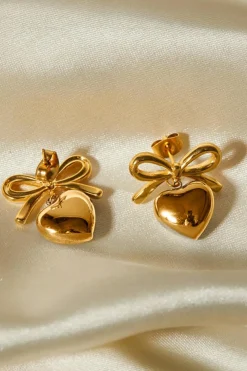 Outlet Dear-Lover Plated Valentines Heart and Bow Studded Earrings Gold
