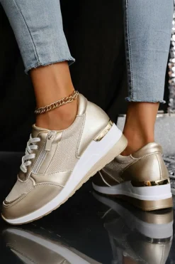Discount Dear-Lover PU Leather Patchwork Zipper Lace-up Sneakers Gold