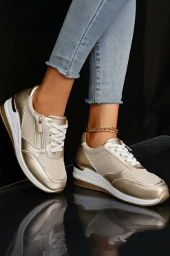 Discount Dear-Lover PU Leather Patchwork Zipper Lace-up Sneakers Gold