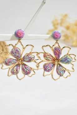 Online Dear-Lover Rainbow Swirl Crochet Flower Shape Drop Earrings Gold