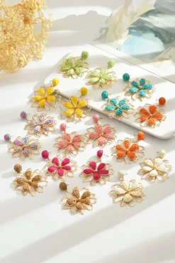 Online Dear-Lover Rainbow Swirl Crochet Flower Shape Drop Earrings Gold
