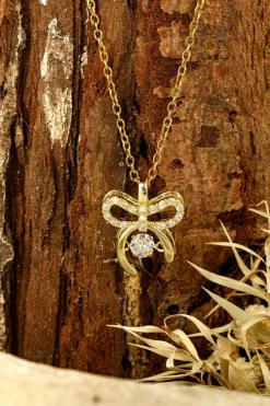 Hot Dear-Lover Rhinestone Bow Knot Pendant Plated Alloy Necklace Gold