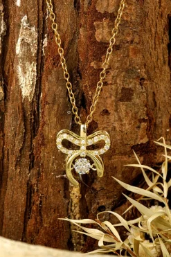 Hot Dear-Lover Rhinestone Bow Knot Pendant Plated Alloy Necklace Gold