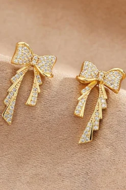 Clearance Dear-Lover Rhinestone Bow Knot Plated Stud Earrings Gold