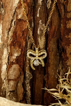 Hot Dear-Lover Rhinestone Bow Knot Pendant Plated Alloy Necklace Gold