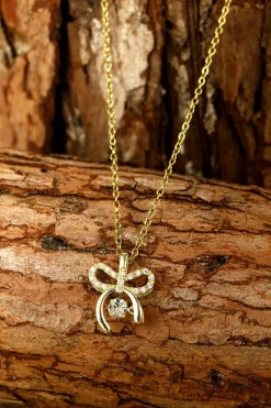 Hot Dear-Lover Rhinestone Bow Knot Pendant Plated Alloy Necklace Gold