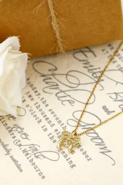 Hot Dear-Lover Rhinestone Bow Knot Pendant Plated Alloy Necklace Gold