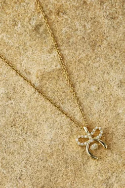 Hot Dear-Lover Rhinestone Bow Knot Pendant Plated Alloy Necklace Gold