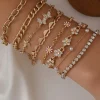 Fashion Dear-Lover Rhinestone Decor Butterfly Flower Multi Layer Bracelet Set Gold